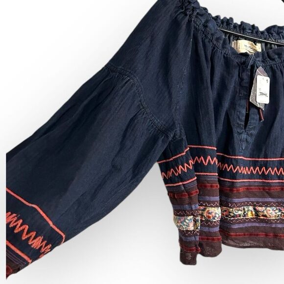 We the Free People Katie Denim Top Embroidered Peasant Tie Velvet & Mesh Trim M - Picture 7 of 13
